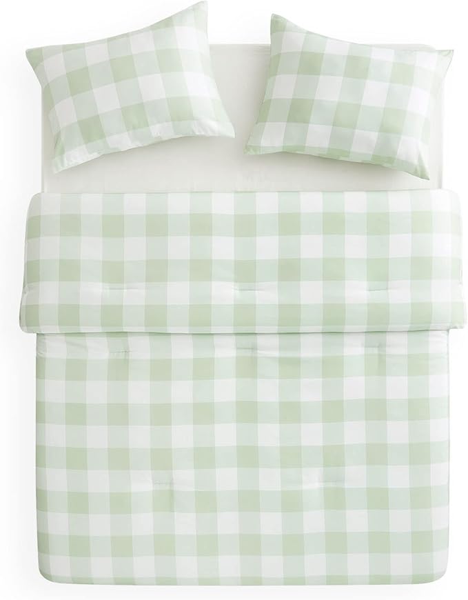 Wake In Cloud - Gingham Comforter Set, Plaid Buffalo Check Checkered Cottagecore Cute Geometric, Soft Lightweight Bedding, 3 Pieces, Sage Green, Full Size