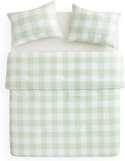 Wake In Cloud - Gingham Comforter Set, Plaid Buffalo Check Checkered Cottagecore Cute Geometric, Soft Lightweight Bedding, 3 Pieces, Sage Green, Full Size