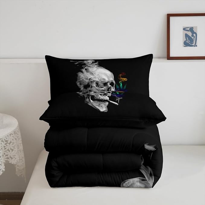 Erosebridal Gothic Skull Bedding King, Leaves Comforter Set for Kids Boys Girls,Smoky Skeleton Down Comforter, Plant Tropical Botanical Bedding Comforter Sets for Bedroom Decor
