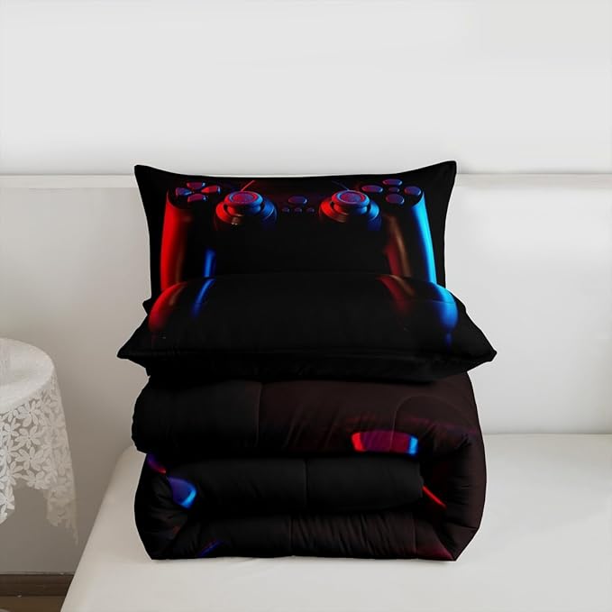 Erosebridal Gaming Bedding Set Gamer Comforter Set Kids Teens Boys Girls Gamepad Quilt Duvet Set Video Game Controller Pattern,Modern Decor 3 Pcs Down Comforter with 2 Pillow Shams, King Size, Black