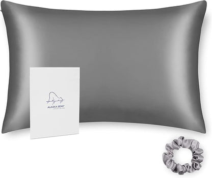 ALASKA BEAR Natural Silk Pillowcase, Hypoallergenic, 19 Momme, 600 Thread Count 100 Percent Mulberry Silk, Standard Size with Hidden Zipper (1pc, Iron Grey)