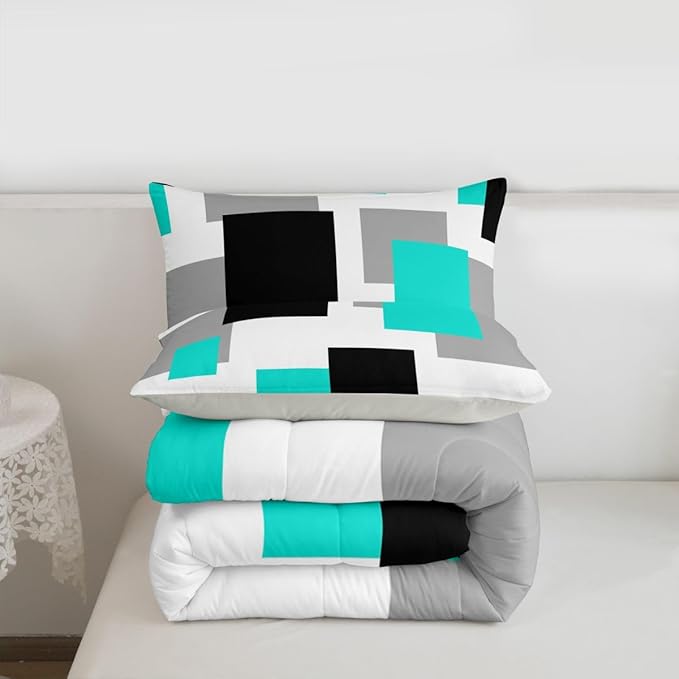 Castle Fairy Teal Grid Comforter Set Toddler Size 2 Pcs,Black Grey Geometric Bedding Set,Modern Abstract Square Splicing Quilt Set for Child Bedroom,Duvet Insert,1 Pillowcase
