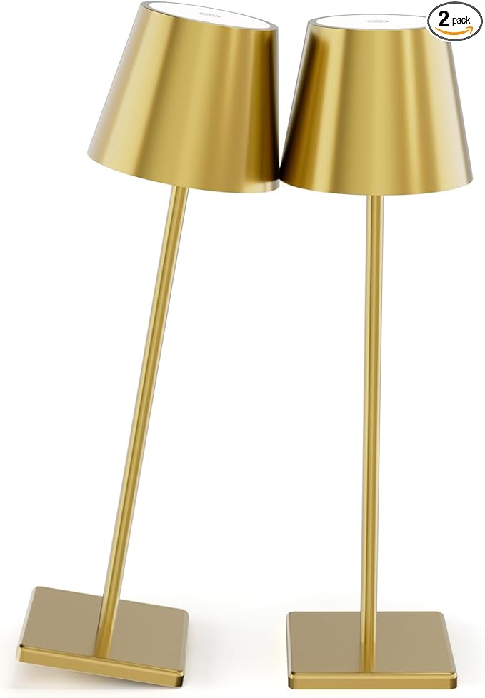 2 Pack Gold Cordless Table Lamp, 5500mAh Battery Powered Table Light Brass, 3 Color Temperatures Stepless Dimmable Rechargeable Table Lamps for Outdoor Restaurant Bedroom 2 Pack