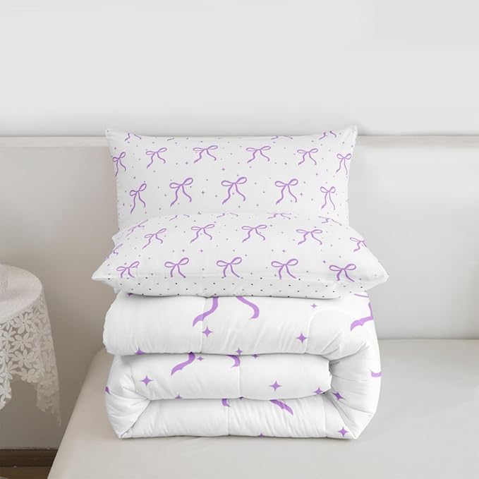 Erosebridal Ribbon Bow Bedding Set Queen for Girls Women Coquette Bows Comforter Set for Kids Teen Girls Women Bedroom Preppy Princess Bowknot Comforter Girly Purple Bow Quilt Duvet