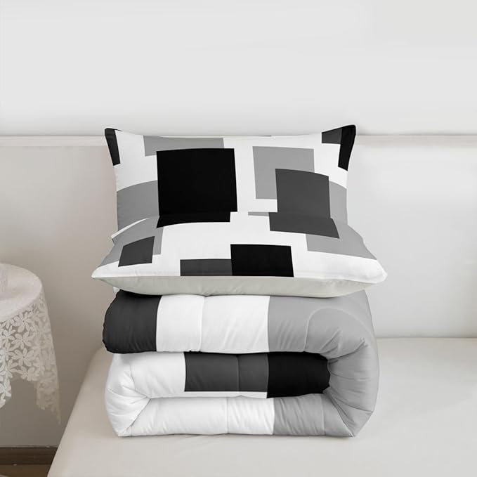 Castle Fairy Geometric Grid Boys Girls Comforter Set Full Size,Black White Grey Duvet Set Teens Bedroom Decor,Modern Abstract Square Splicing Microfiber Soft Bedding 3PCS