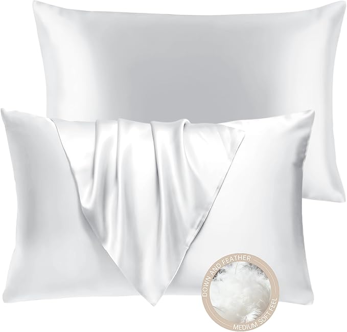 BHZ White Satin Goose Down Feather Pillows King Size Set of 2 with Pillowcase for Hair and Skin, Cooling Pillow Cases Similar to Silk Pillow Cases, Decorative for Women, Mom Men