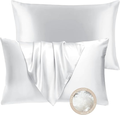 BHZ White Satin Goose Down Feather Pillows King Size Set of 2 with Pillowcase for Hair and Skin, Cooling Pillow Cases Similar to Silk Pillow Cases, Decorative for Women, Mom Men