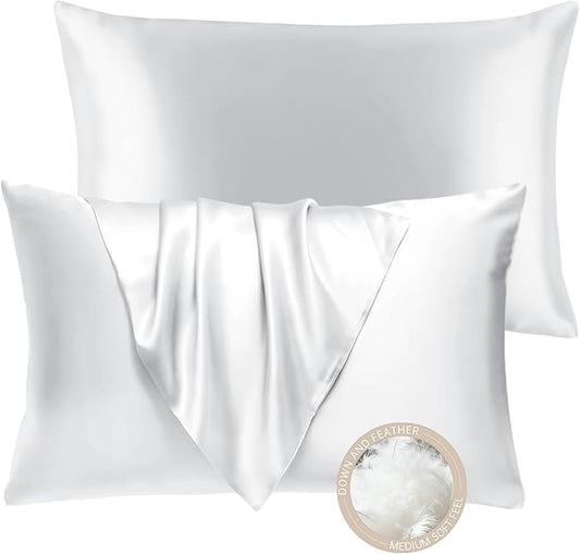 BHZ White Satin Goose Down Feather Pillows King Size Set of 2 with Pillowcase for Hair and Skin, Cooling Pillow Cases Similar to Silk Pillow Cases, Decorative for Women, Mom Men