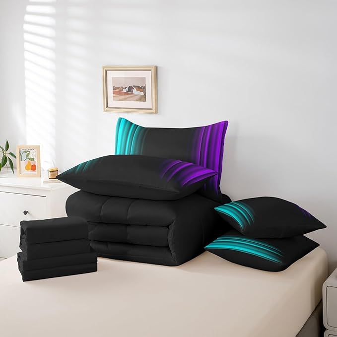 Feelyou Teens Abstract Ombre Decorations Bed in a Bag for Kids Women Teal Purple and Black Comforter Set with Sheets Geometric Modern Bed Set Room Twin Size