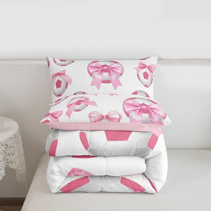 Bowknot Soccer Comforter Set Queen Size,Pink Bow Knot Print Bedding Sets 3Pcs for Kids Girls Women Room Decor,Ball Sport Games Theme Quilted Duvet Cute Cartoon Girly Down Comforter,2 Pillowcases
