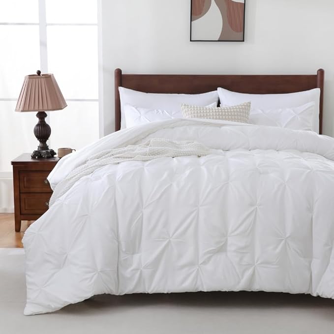 Sheet&Joy King Size Comforter Set, 7-Piece Bed in a Bag, Pintuck Bedding Set for All Season, Includes Comforter, Flat Sheet, Fitted Sheet, Pillowcases and Pillowshams, White
