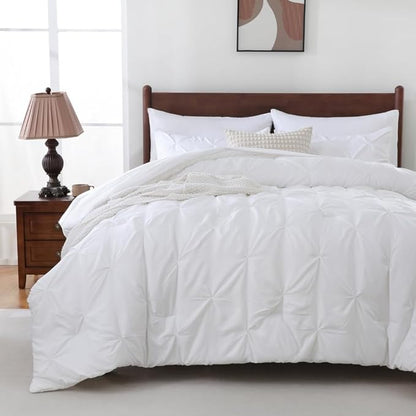 Sheet&Joy King Size Comforter Set, 7-Piece Bed in a Bag, Pintuck Bedding Set for All Season, Includes Comforter, Flat Sheet, Fitted Sheet, Pillowcases and Pillowshams, White