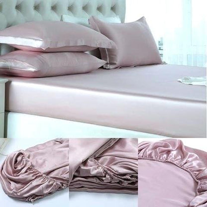 100% Pure Silk Satin Sheet Set 4pcs, Silk Fitted Sheet 15" Deep Pocket Mattress fit,Silk Flat Sheet&Silk Pillowcases Set Soft Silk Sheets|Wrinkle Free Fade Resistant Dark Ivory,CalQueen