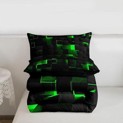 Erosebridal Black Green Comforter Set Full Neon Geometric Checkered Bedding Set for Kids Boys Gaming Room Decor,Teen Men Abstract Stereoscopic Grids Quilt Square Plaid Check Bed Set 3 Pcs