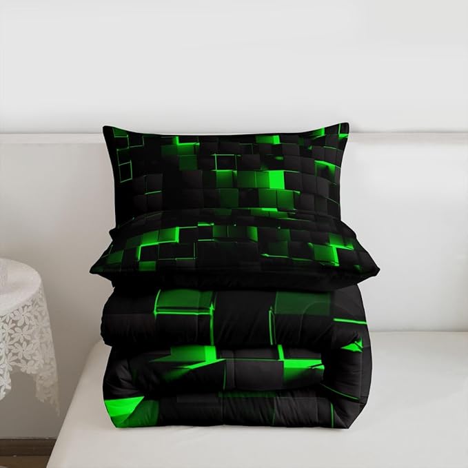 Erosebridal Black Green Comforter Set King Neon Geometric Checkered Bedding Set for Kids Boys Gaming Room Decor,Teen Men Abstract Stereoscopic Grids Quilt Square Plaid Check Bed Set 3 Pcs