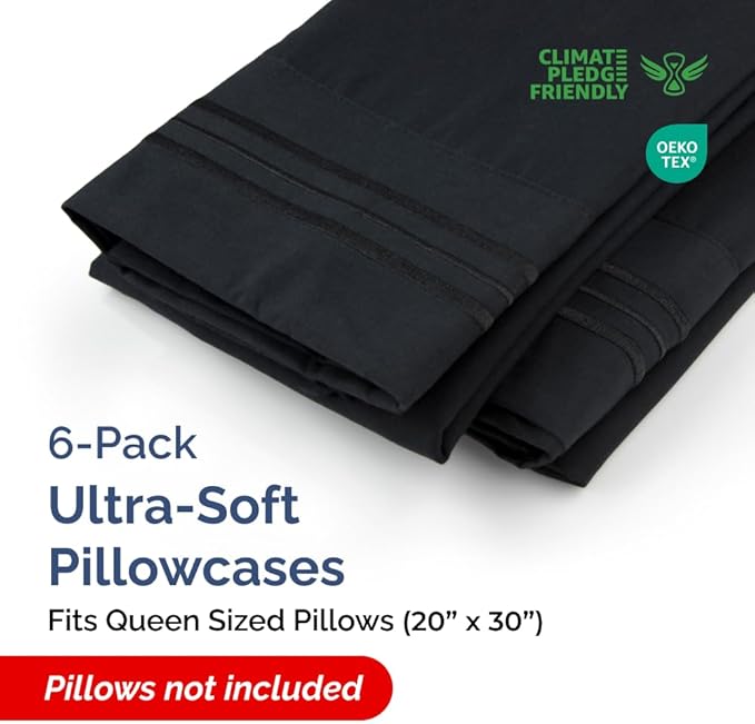 Queen Pillow Cases Set of 6 - Ultra Soft Hotel Quality Pillowcase Covers - Comfy & Wrinkle Free - Shrink, Stain and Fade Resistant - Easy-Care, Machine Washable Pillow Protectors - 6 Piece Set - Black