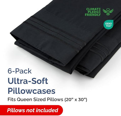 Queen Pillow Cases Set of 6 - Ultra Soft Hotel Quality Pillowcase Covers - Comfy & Wrinkle Free - Shrink, Stain and Fade Resistant - Easy-Care, Machine Washable Pillow Protectors - 6 Piece Set - Black