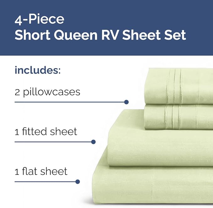 Short Queen RV Size 4 Piece Sheet Set - Comfy Breathable & Cooling Bed Sheets Set - Hotel Luxury Bedding for Women, Men, Kids, Teens, Boys & Girls - Deep Pockets, Soft - Oeko-Tex - Light Sage Green