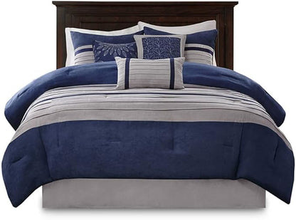 Madison Park Palmer Comforter Set-Luxury Faux Suede Design, Striped Accent, All Season Down Alternative Bedding, Matching Shams, Decorative Pillow, Bed Skirt, King (104 in x 92 in), Blue 7 Piece