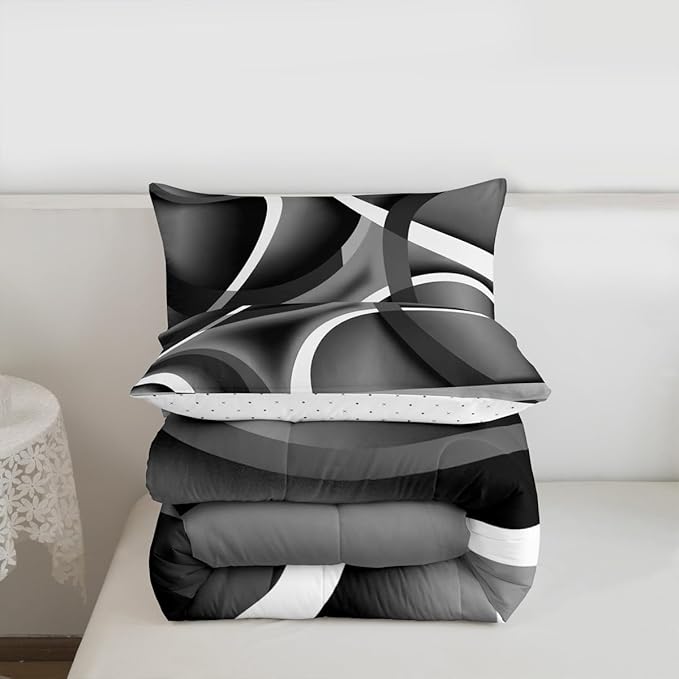 Castle Fairy Black Gray Abstract Stripes Full Size Comforter Set Geometric Circle Bedding Set for Kids Adults Teens Modern Retro Comforter Luxury Geometric Quilt Set Room Decor 3Pcs