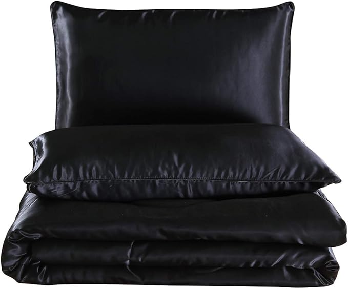 NTBED Silky Satin Comforter Set King Black, Soft Lightweight Microfiber Luxury Sexy Quilted Bedding Sets with 2 Matching Pillow Covers for Summer Spring Autumn