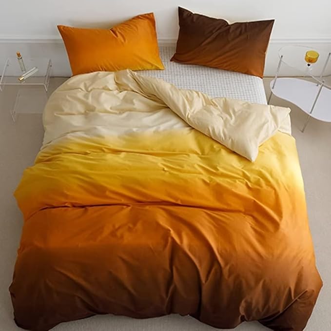 Houseri Queen Comforter Set Gradient Orange, 3 Piece Lightweight Cream and Yellow Bedding Gold Brown Aesthetic Art Style Soft Comfy Sunset Yellow Comforters Bed Sets Queen for Teen Girls Women