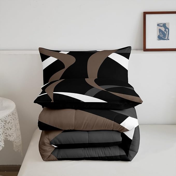 Erosebridal Abstract Black Taupe Brown Bedding Comforter Sets Dark Grey White Striped Bedding Set Full Geometric Abstract Down Comforter for Kids Boys Teen Men Modern Fashion Quilt Duvet