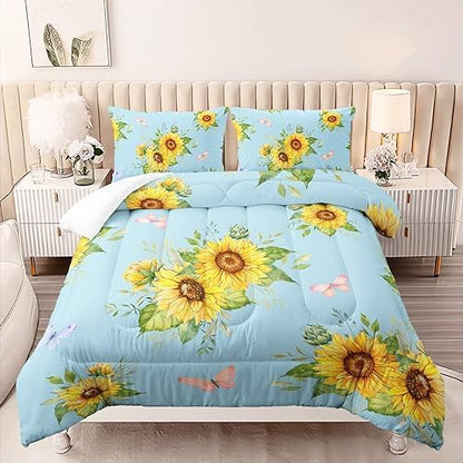 Sunflower Blue Comforter Set King Size for Women Adults,3 Piece Butterfly Floral Bedding Set,Microfiber Quilts with 2 Shams Soft Lightweight Quilt Room Decor,Blue