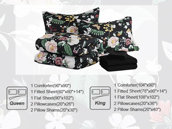 Anibedding 7Pieces Floral King Size Comforter Set, Garden Plant Flower Style Bed in a Bag Black White Bedding Comforter Set with Pillow Case for Bedroom