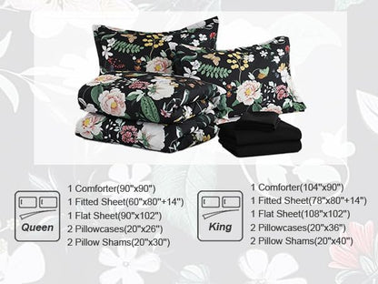 Anibedding 7Pieces Floral King Size Comforter Set, Garden Plant Flower Style Bed in a Bag Black White Bedding Comforter Set with Pillow Case for Bedroom