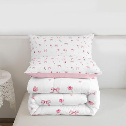 Feelyou Floral Bedding Set Soft for Boys Girls, Pink White Floral Bow Comforter Set Toddler Size Kawaii Bowknot Duvet Quilt Microfiber Pink Bow Bedroom Decor 2 Pcs with 1 Pillow Cases