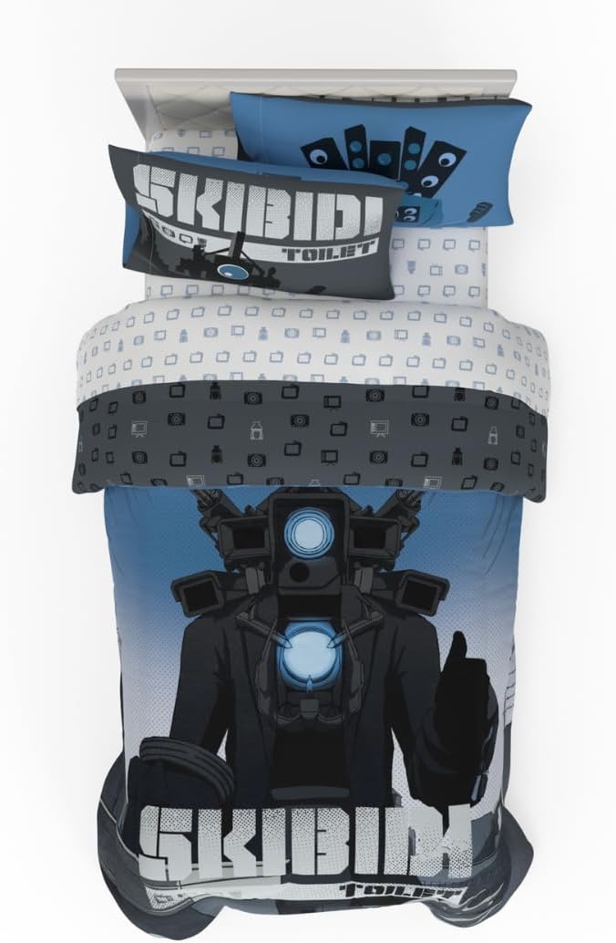 Skibidi Toilet Gamer Bedding 4 Piece Super Soft Reversible Comforter and Sheet Set, Twin, (Officially Licensed Product) by Franco