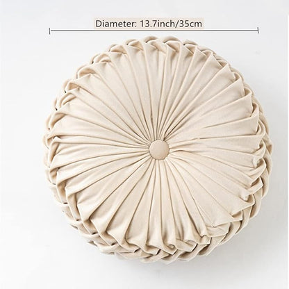 NatureMan 13.7 inch Round Sofa Cushion Pure Color Velvet Home Decor, Pleated Round Cushion, Pumpkin Pillow Suitable for Home Bed car Decoration (Creamy-White)