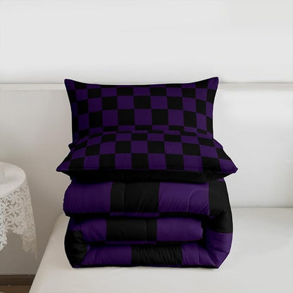 Feelyou Checkered Bedding Set for Boys Girls Purple Black Plaid Comforter Set King Size Cute Retro Neutral Checkerboard Geometric Duvet Quilt Vintage Aesthetic Bedroom Decor 3 Pcs with 2 Pillow Cases