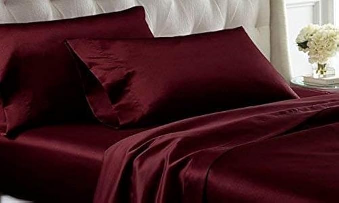 100% Pure Silk Satin Sheet Set 4pcs, Silk Fitted Sheet 15" Deep Pocket Mattress fit,Silk Flat Sheet&Silk Pillowcases Set Soft Silk Sheets|Wrinkle Free Fade Resistant. (Wine, Full)