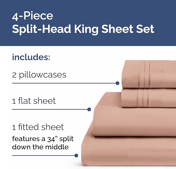 Flex Top Split Head King 4 Piece Sheet Set - Comfy Breathable & Cooling Bed Sheets Set - Hotel Luxury Bedding for Women, Men, Kids, Teens, Boys & Girls - Deep Pockets, Ultra-Soft - Oeko-Tex - Mauve