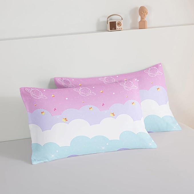 HOSIMA Galaxy Comforter Rainbow Twin Bedding Sets for Girls,Cloud Stars Twin Bed in a Bag Cute Stuff for Teen Girls Bedroom,Coquette Comforter Princess Toddler Bedding Set Kawaii Room Decor.