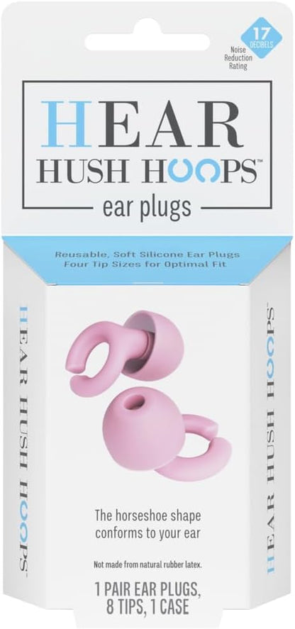 Hush Hoops Ear Plugs, Ultra-Soft Reusable Noise Reducing Earplugs with Horseshoe Shape for Comfort, 4 Tip Sizes for Customizable Fit, 17dB (NRR) Noise Reduction Rating, Pink, 1 Pair with Travel Case