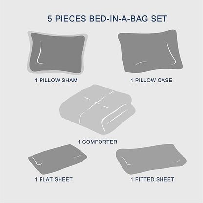 Zzlpp Black Twin Comforter Set 5 Pieces, Seersucker Bed in a Bag with Comforter and Sheets, All Season Bedding Sets with 1 Comforter, 1 Pillow Sham, 1 Pillowcase, 1 Flat Sheet, 1 Fitted Sheet