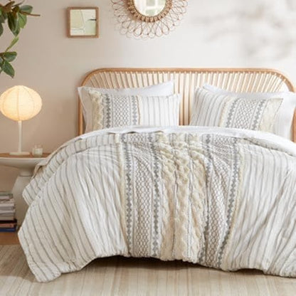 INK+IVY Comforter for Queen Size Bed, Chenille Tufted, Breathable Cotton Comforter Set Queen, All Season Modern Boho Comforter with Farmhouse Bedding Flare, 2 Matching Shams, Queen Ivory 3 Piece