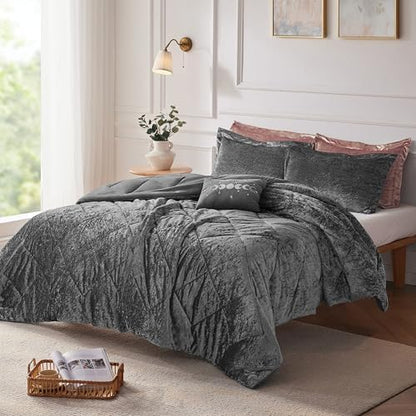 Intelligent Design King Comforter Set, Velvet Comforter Set , Luxury Diamond Quilting Comforter Set, Fluffy Comforter Bed Set with Decorative Pillowand 2 Shams, 4 Piece Grey, King/ Cal King