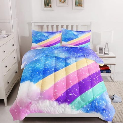 3 Piece Rainbow King Size Comforter Set for Teen Girls Adults,Stars Soft Bedding Sets All Season,Blue Space Quilt Set Season Alternative Down Bedding with 2 Pillowcase,104x91 Inches