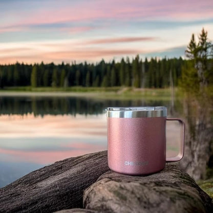 CHILLOUT LIFE Stainless Steel 16 oz (Set of 2) - Vacuum Insulated Coffee Mug with Handle and Lid, Large Thermal Camping Coffee Mug Cup with Durable Sliding Lid for Women - Rose Gold
