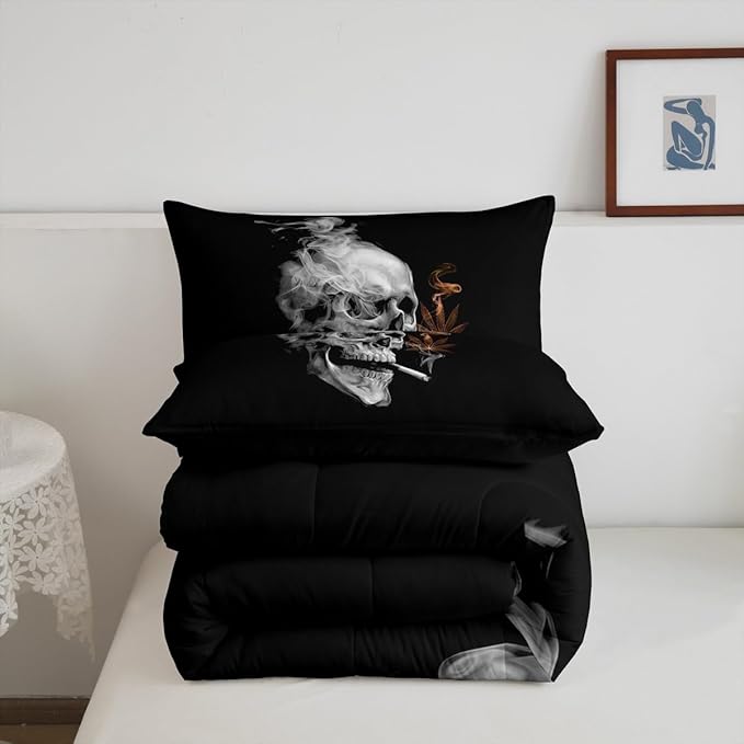 Erosebridal Gothic Skull Comforter Set Full,Orange Leaves Bedding for Women Men Adults,Tropical Botanical Plant Bedding Comforter Sets,Smoky Skeleton Down Comforter