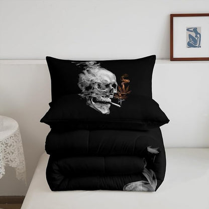 Erosebridal Gothic Skull Comforter Set Twin,Orange Leaves Bedding for Women Men Adults,Tropical Botanical Plant Bedding Comforter Sets,Smoky Skeleton Down Comforter