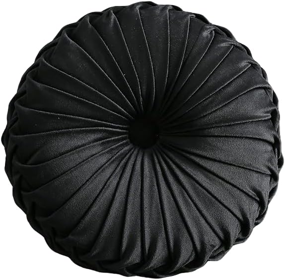 MOCOFO Round Velvet Throw Pillow, Pumpkin Shape Decorative Floor Cushion, Handcrafted Pleated Design, 14 and 16 Inch Diameter, Multiple Colors, Polyester Fill (Black, 16")