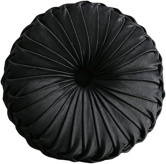 MOCOFO Round Velvet Throw Pillow, Pumpkin Shape Decorative Floor Cushion, Handcrafted Pleated Design, 14 and 16 Inch Diameter, Multiple Colors, Polyester Fill (Black, 16")
