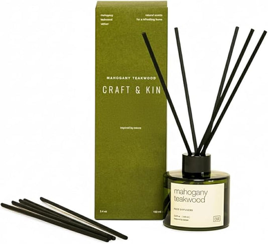 Craft & Kin Reed Diffuser Set Oakwood, Mahogany & Vetiver, Reed Diffusers for Home, Fragrance Diffuser Sticks, Oil Diffuser Sticks, Oil Diffuser with Sticks, Reed Diffuser for Men