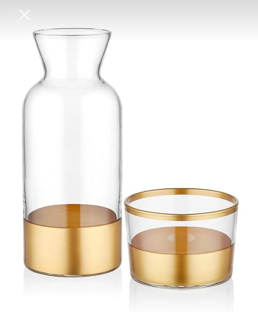 GARIZZE Bedside Water Carafe and Glass Set for Bedroom, Bedside Carafe and Glass Set, Mouthwash Decanter for Bathroom, Water Carafe with Glass Cup for Nightstand (24-oz/7-oz) (Gold)