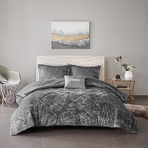 Intelligent Design King Comforter Set, Velvet Comforter Set , Luxury Diamond Quilting Comforter Set, Fluffy Comforter Bed Set with Decorative Pillowand 2 Shams, 4 Piece Grey, King/ Cal King